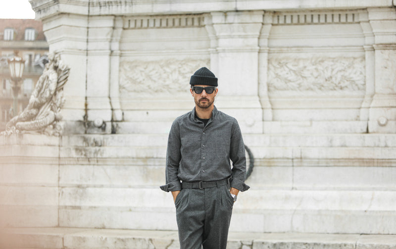 Chemise Flanelle Gris Chiné - Col tailleur