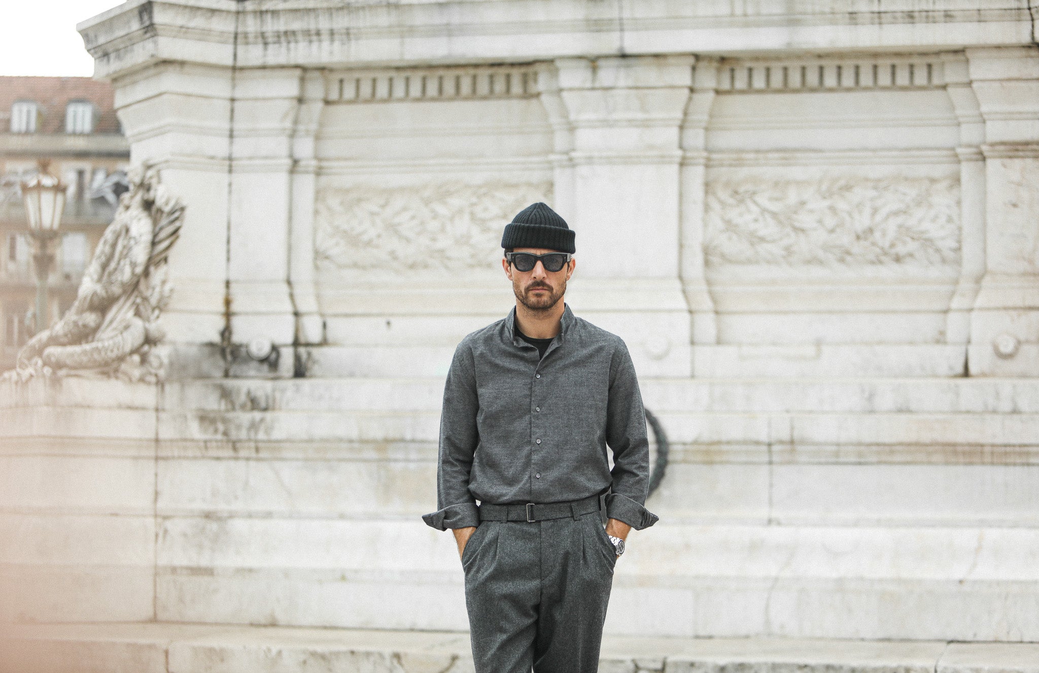 Chemise Flanelle Gris Chiné - Col tailleur