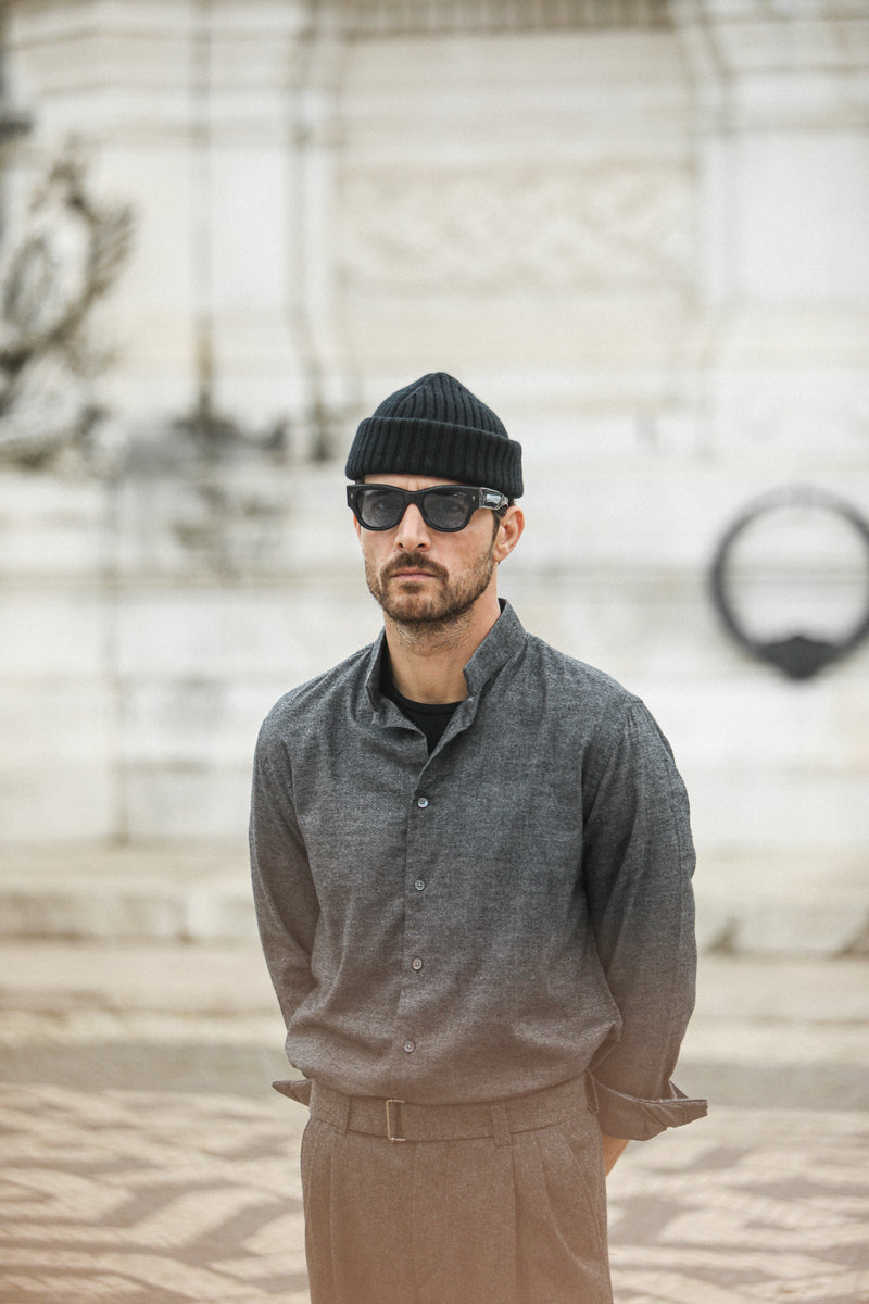 Chemise Flanelle Gris Chiné - Col tailleur