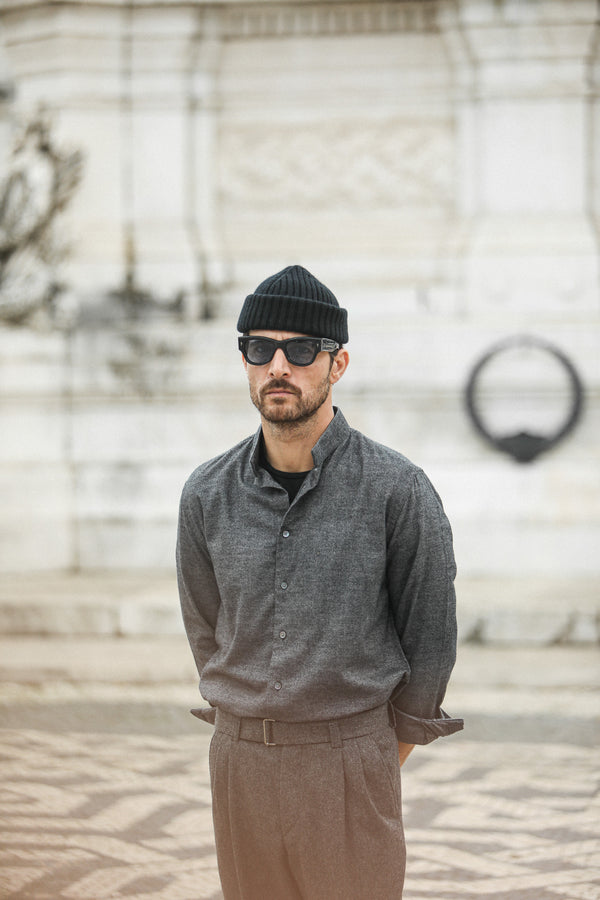 Chemise Flanelle Gris Chiné - Col tailleur