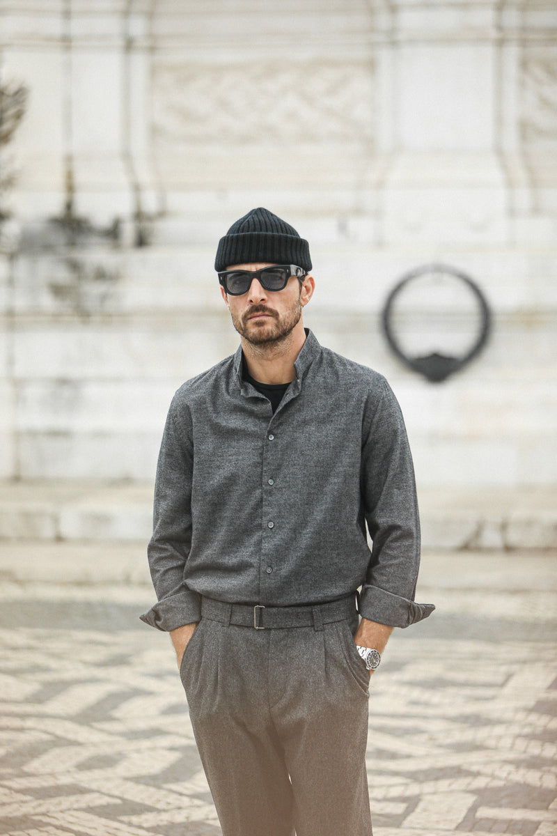 Chemise Flanelle Gris Chiné - Col tailleur