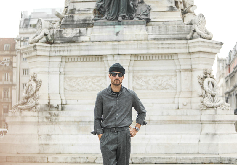 Chemise Flanelle Gris Chiné - Col tailleur