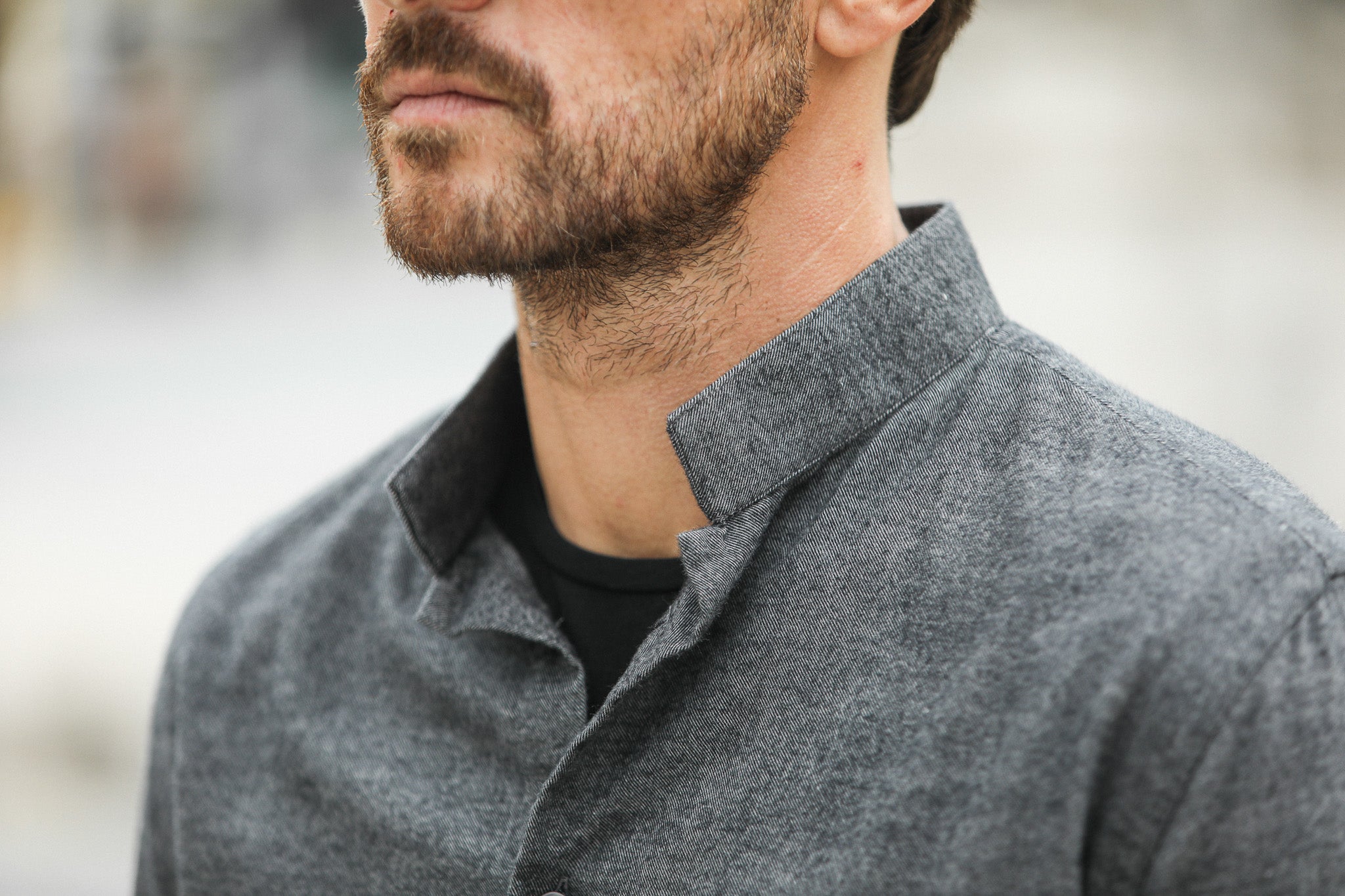 Chemise Flanelle Gris Chiné - Col tailleur