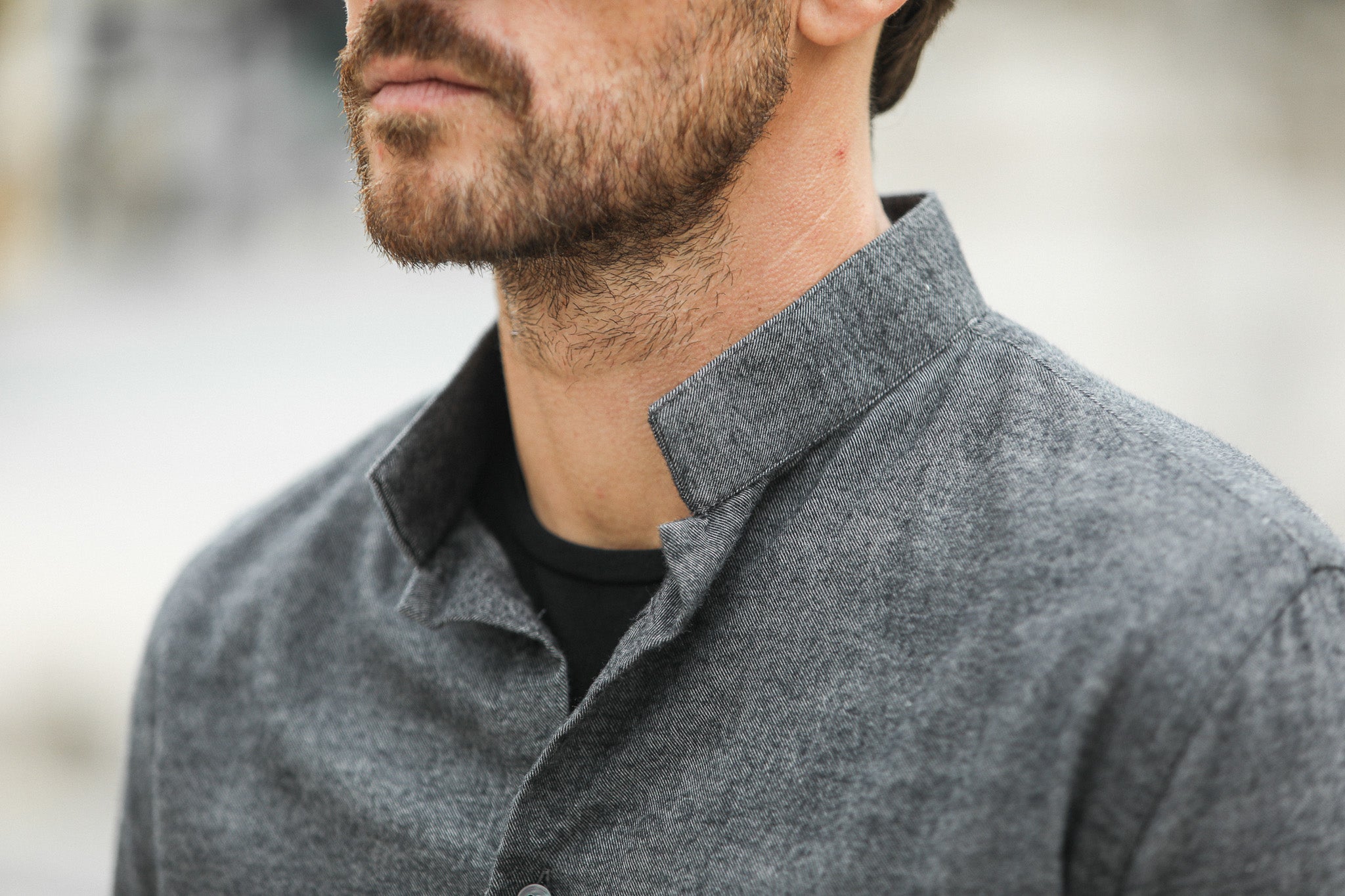 Chemise Flanelle Gris Chiné - Col tailleur