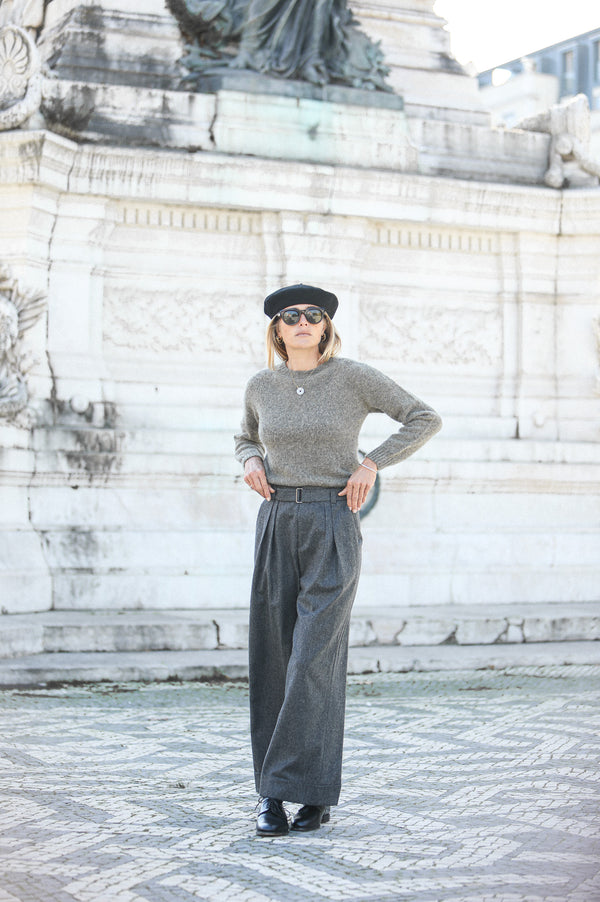 Pantalon Flanelle Grise Double Pince - Wide Leg