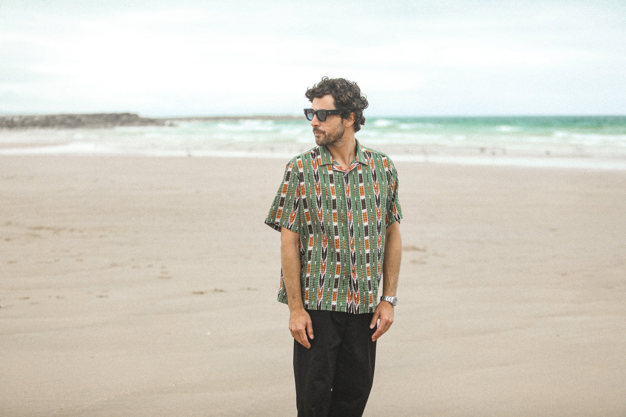 Modern Camp Collar Japanese Seersucker Green