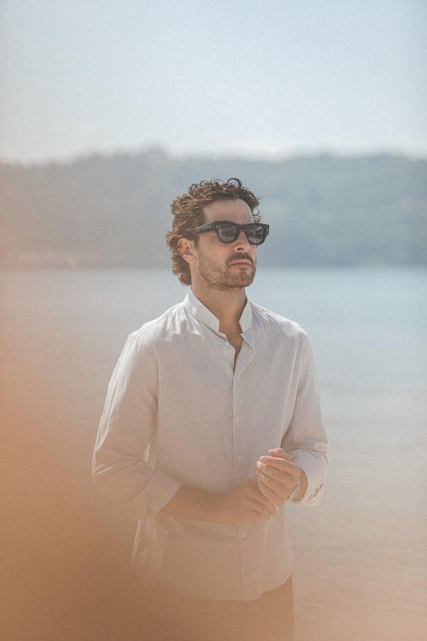 Chemise Oxford Rayée Crème à Rayures - Col Inversé