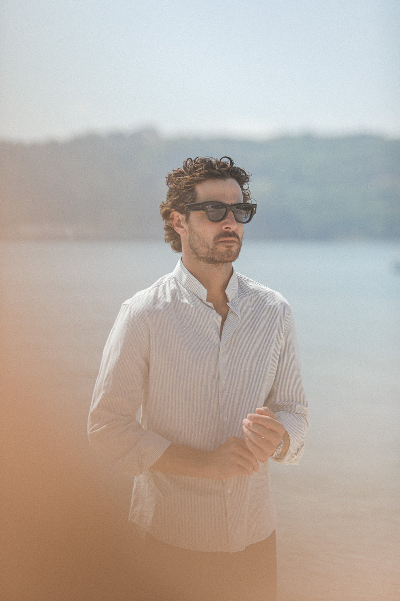Chemise Oxford Rayée Crème à Rayures - Col Inversé
