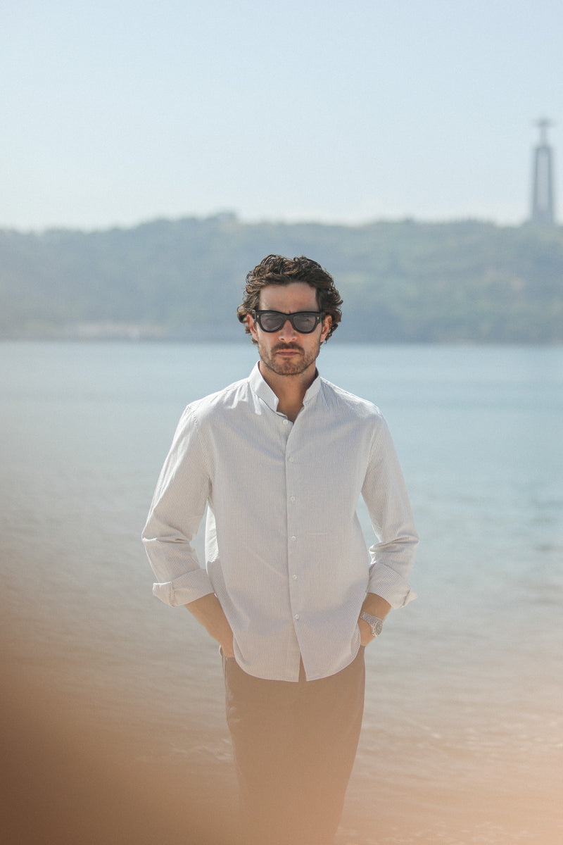 Chemise Oxford Rayée Crème à Rayures - Col Inversé