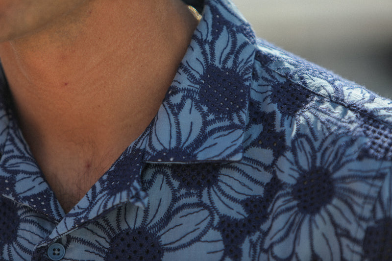 Camp Collar Embroidered Flowers Blue