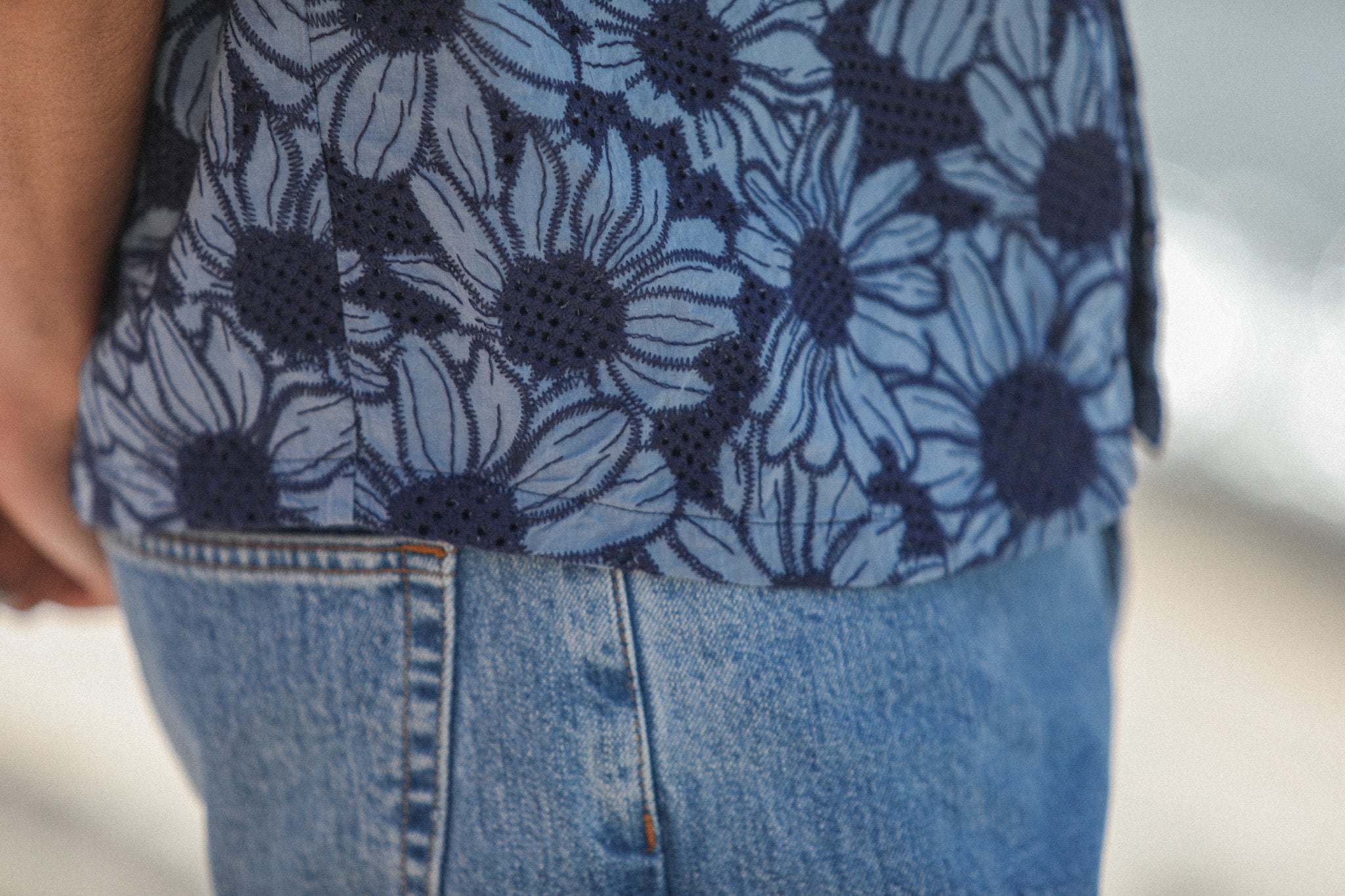 Camp Collar Embroidered Flowers Blue