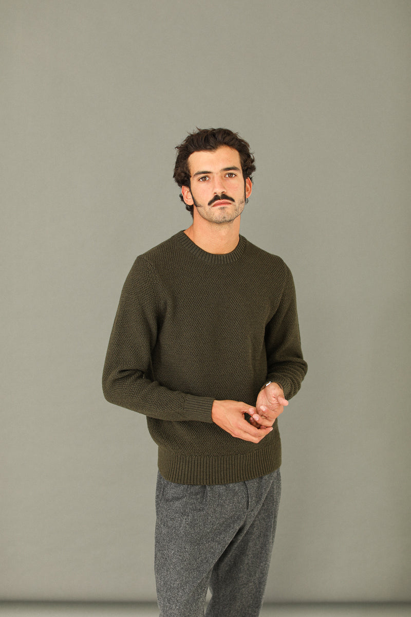 Pull Point de Riz Mérinos Khaki