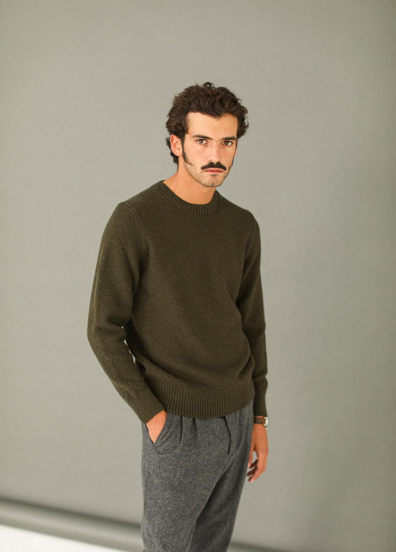 Pull Point de Riz Mérinos Khaki